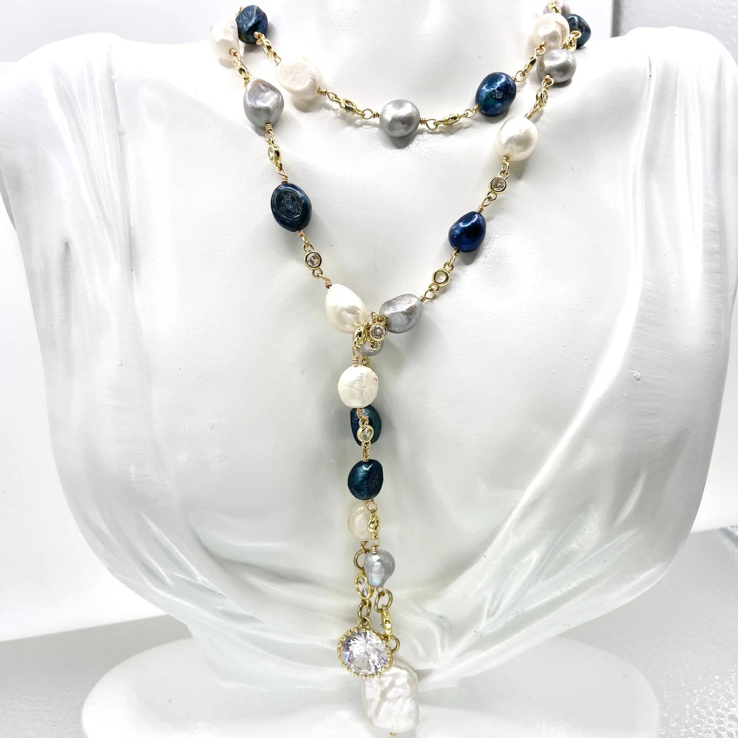 Lariat fresh water denim mix pearl wrap necklace VB&CO Designs Handmade Jewelry