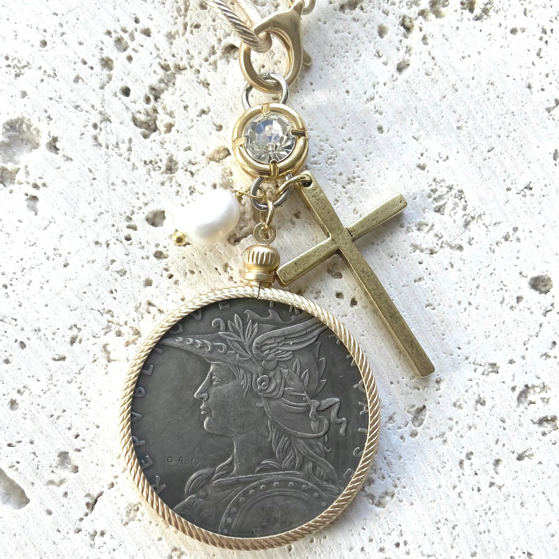 Gold French Coin & Cross Necklace VB&CO Designs Handmade Jewelry