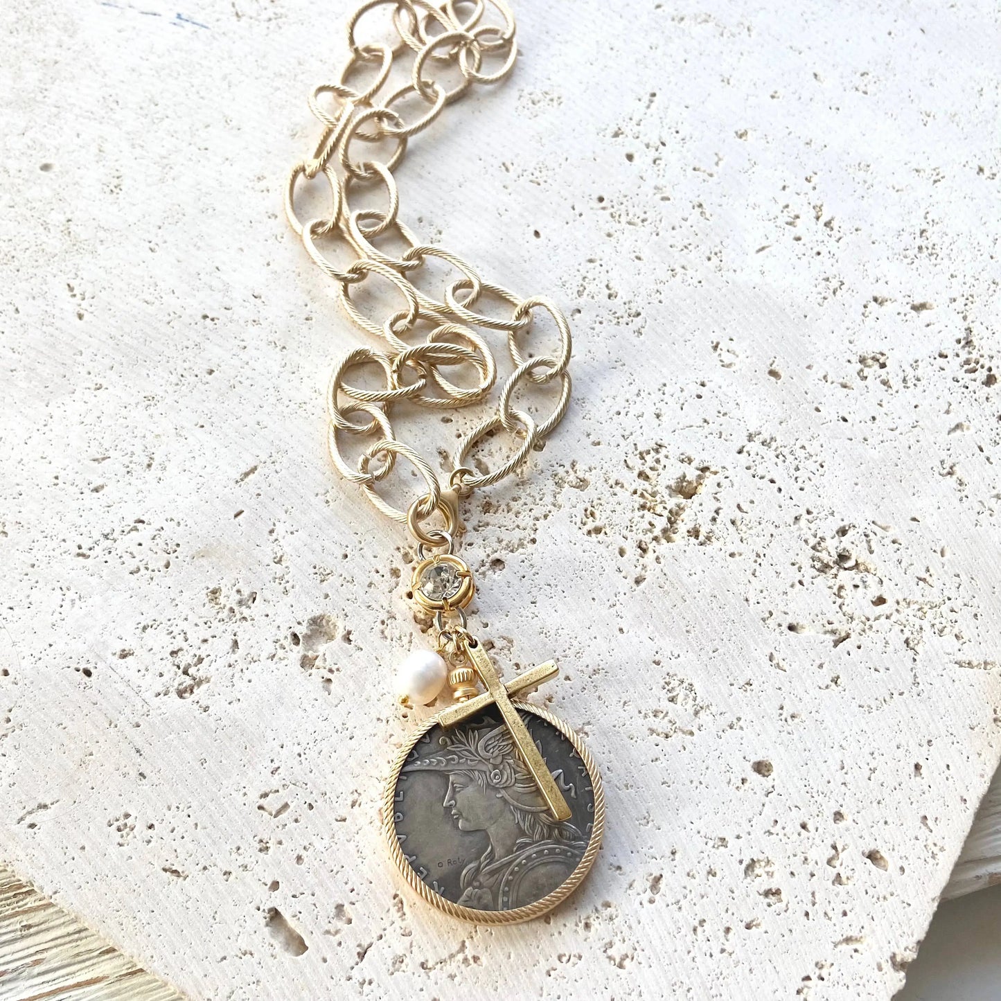 Gold French Coin & Cross Necklace VB&CO Designs Handmade Jewelry
