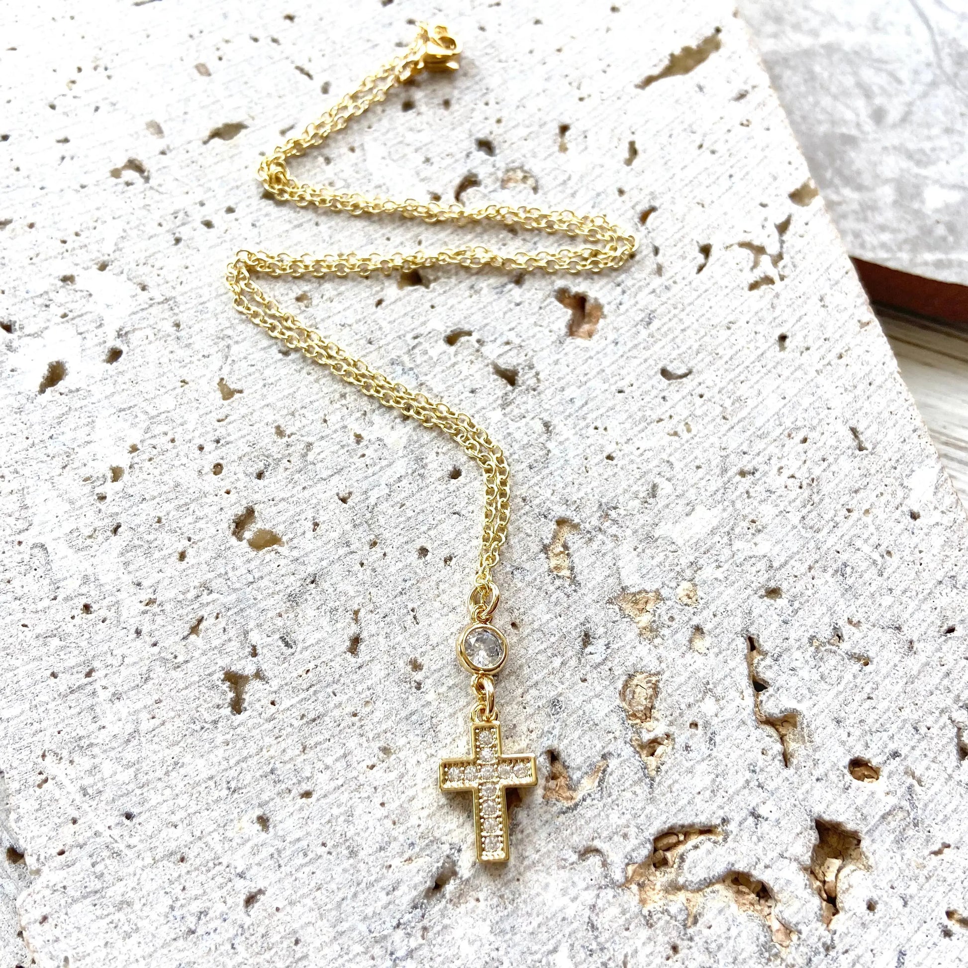 Gold cross crystal necklace Religious  jewelry church VB&CO Designs Handmade Jewelry