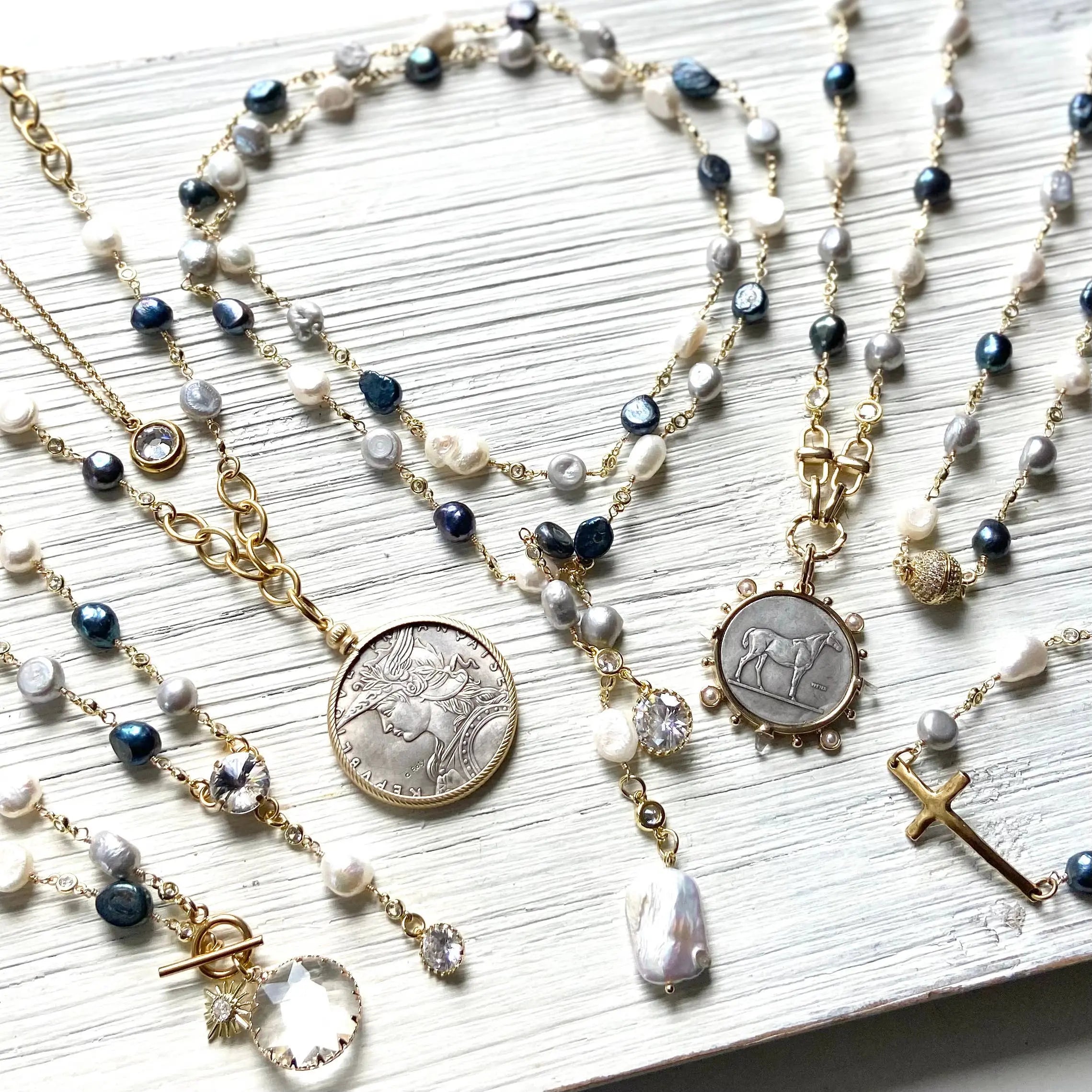Lariat  fresh water denim mix pearl wrap necklace  VB&CO Designs Handmade Jewelry
