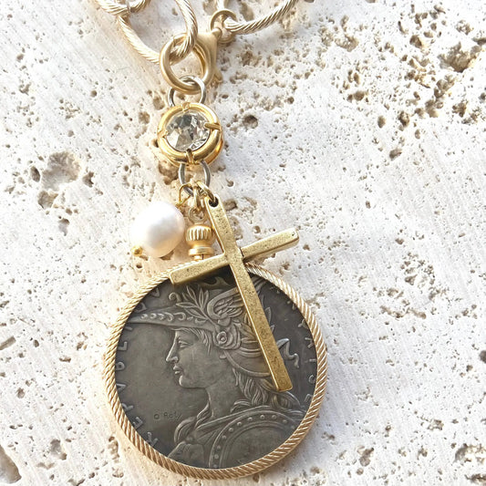 Gold French Coin & Cross Necklace VB&CO Designs Handmade Jewelry