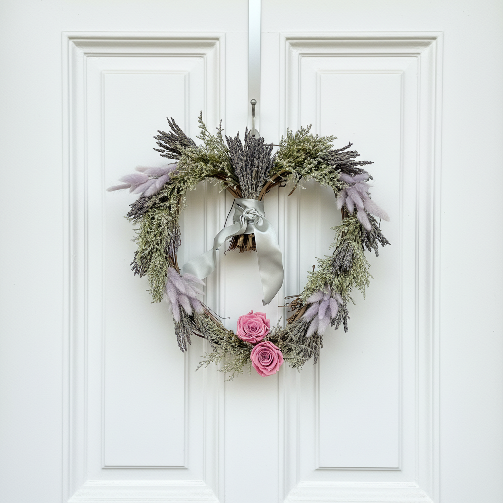 Decorative lavender wreath with flowers in a heart shape