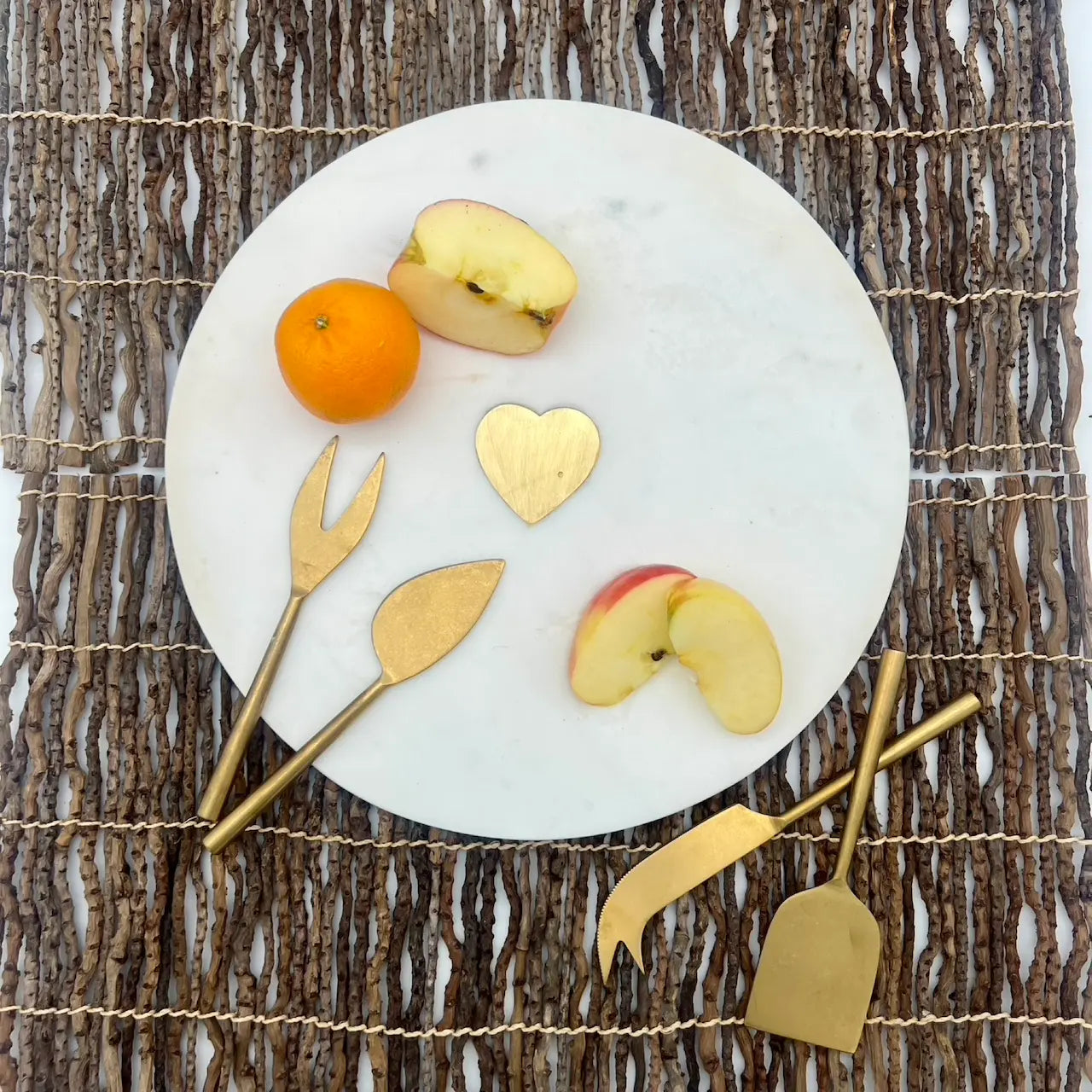 Charcuterie Set – Round Marble Cheese Board & Gold Cheese Knives Indaba Trading
